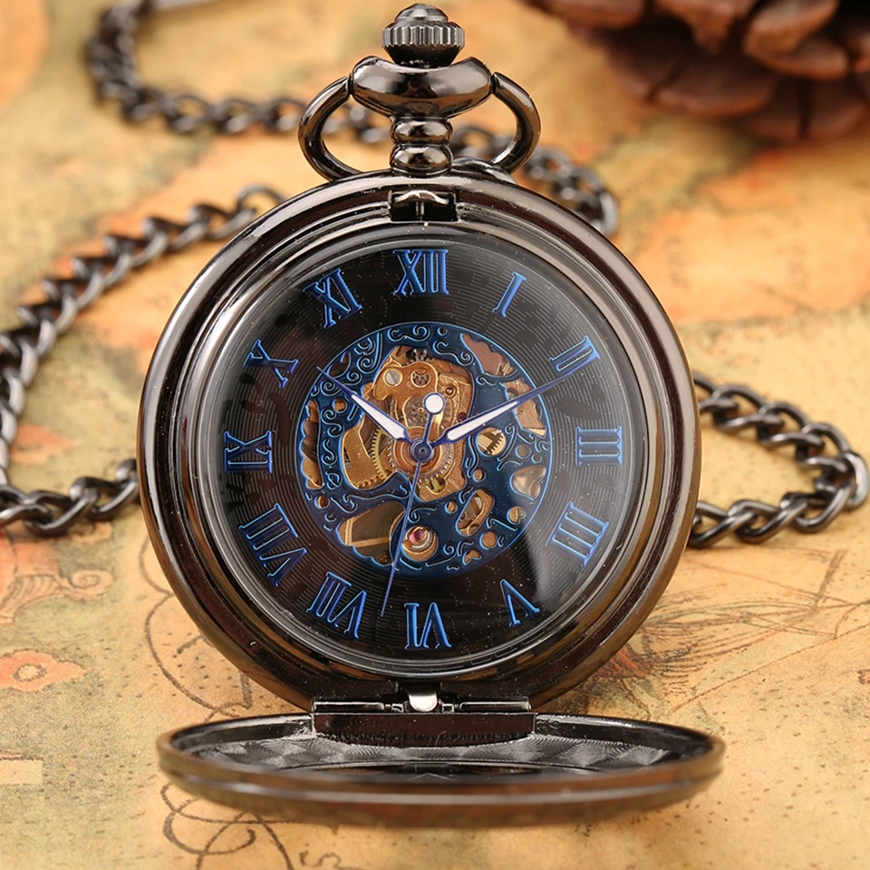 Multilateral Rhombus Hollow Flowers Case Hand Winding Mechanical Pocket Watch Retro Blue Skeleton Dial FOB Chain Luxury reloj | Наручные