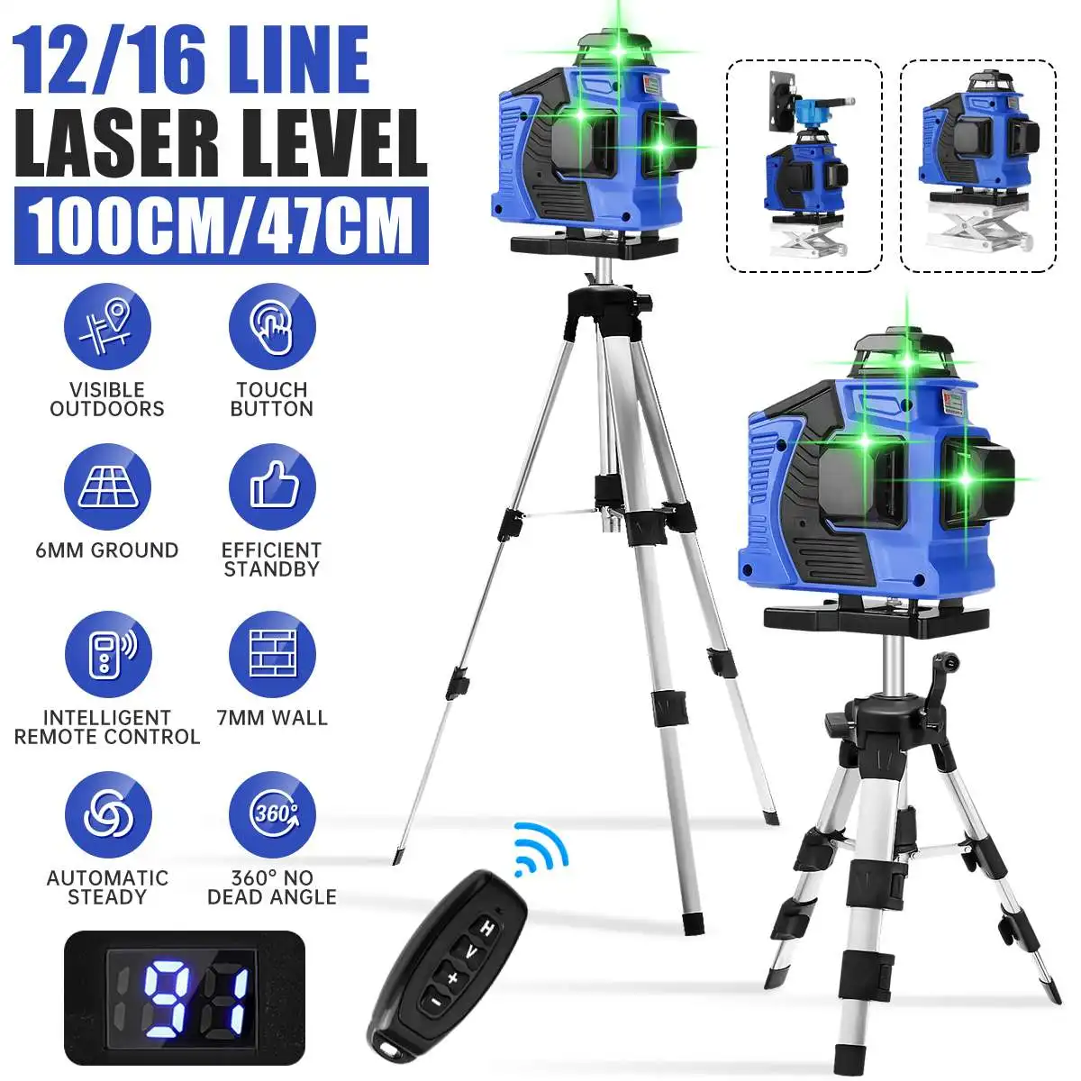 12/16 Lines Laser Levels 360 Self-Leveling Horizontal & Vertical Cross Super Powerful Green Light Laser Levels LED Display Blue
12/16 Lines Laser Levels 360 Self-Leveling Horizontal & Vertical Cross Super Powerful Green Light Laser Levels LED Display Blue