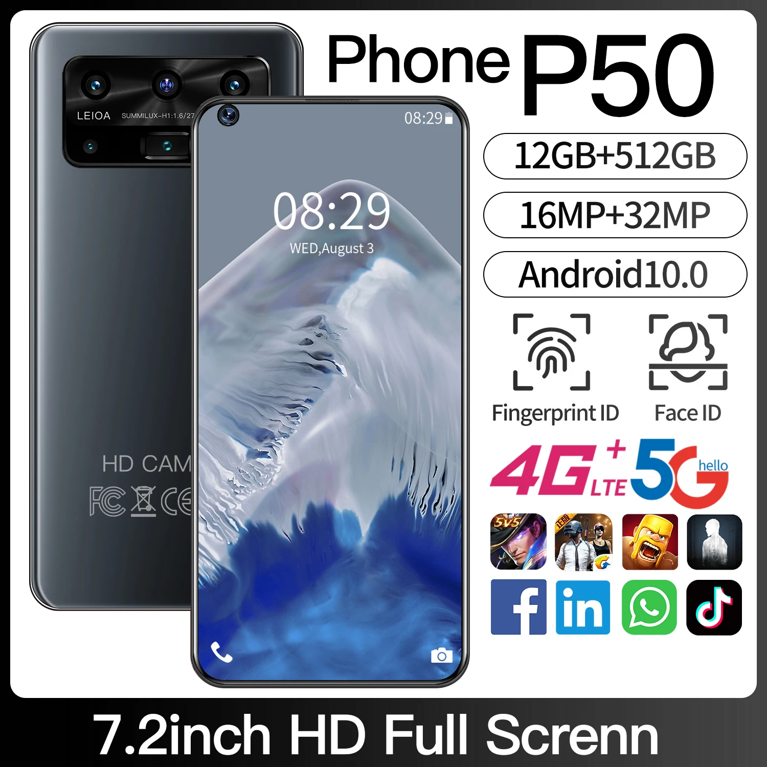 P50 7.2 Inch Full Screen 12+512GB 5800mAh Face Unlock MTK6889 5G Network Andriod Smart Phone 16+32MP 5800mAh Mobile Phones
P50 7.2 Inch Full Screen 12+512GB 5800mAh Face Unlock MTK6889 5G Network Andriod Smart Phone 16+32MP 5800mAh Mobile Phones