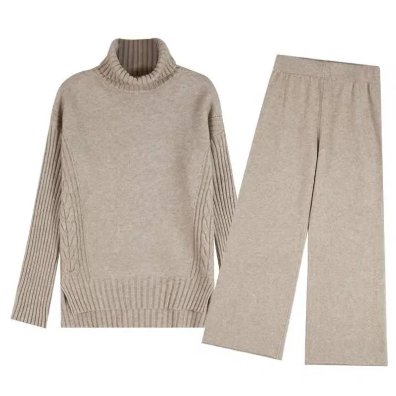 autumn winter Two Piece Set Women Turtleneck split Pullover Sweater +High waist Stretch Waist Two-piece loose wide-leg pants
autumn winter Two Piece Set Women Turtleneck split Pullover Sweater +High waist Stretch Waist Two-piece loose wide-leg pants
