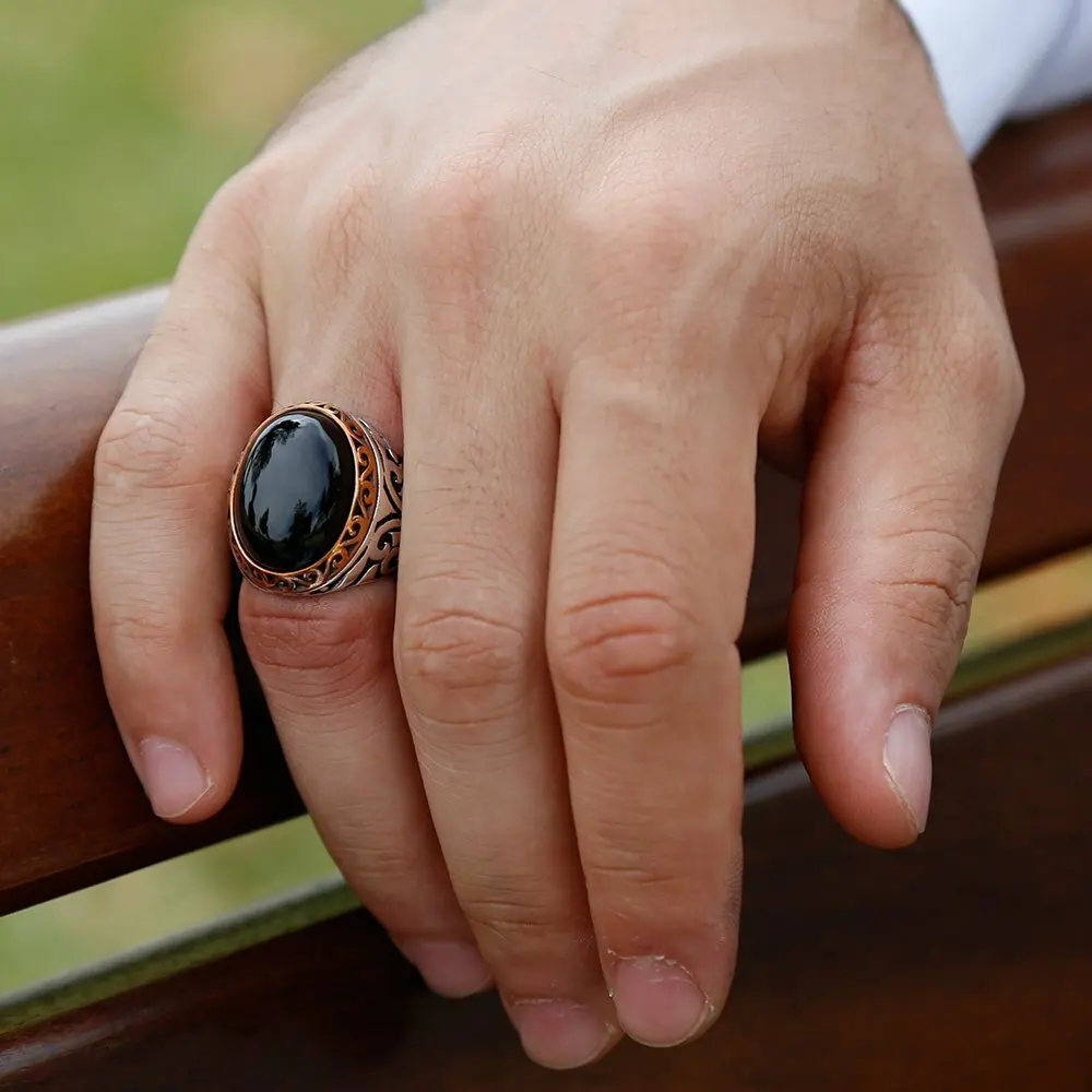 Мужское кольцо Tesbihane с черным ониксом фианитом 925 пробы серебро|Кольца| |