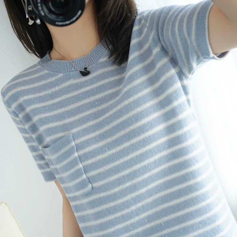 FRSEUCAG Thin section pure wool knitted short-sleeved t-shirt female 2020 new round neck loose striped bottoming pullover
FRSEUCAG Thin section pure wool knitted short-sleeved t-shirt female 2020 new round neck loose striped bottoming pullover