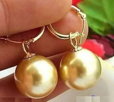 

Perfect round 14mm Australian south sea gold shell pearl earring 14KGP