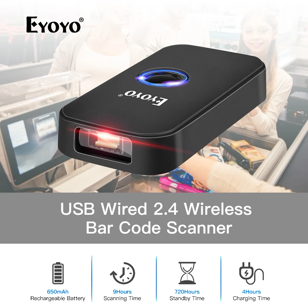 

Мини-сканер штрих-кода Eyoyo лазерный 3-в-1, Bluetooth, USB, проводной и беспроводной, 1D считыватель штрих-кодов для Windows, Mac, Android, iOS, планшетных ПК