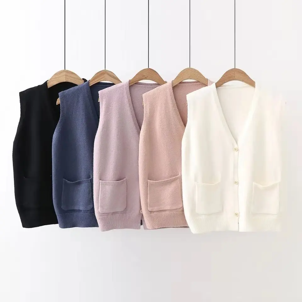2021 Women's Knitted Vest Spring And Autumn Korean Loose Simple V-neck Pocket Cardigan Camisole Coat Female Sueter Sweater Mujer
2021 Women's Knitted Vest Spring And Autumn Korean Loose Simple V-neck Pocket Cardigan Camisole Coat Female Sueter Sweater Mujer