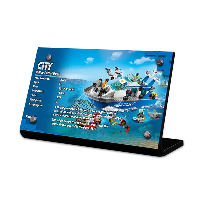 Acrylic display stand brand for Police Patrol Boat 60277 City toys building blocks
Acrylic display stand brand for Police Patrol Boat 60277 City toys building blocks