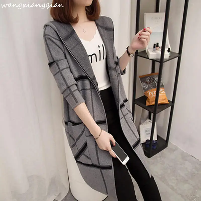 Tops Women's Long Cardigan Plaid Knitwear Women's Spring Autumn 2019 New Single-breasted Straight Hooded Sweater A477
Tops Women's Long Cardigan Plaid Knitwear Women's Spring Autumn 2019 New Single-breasted Straight Hooded Sweater A477