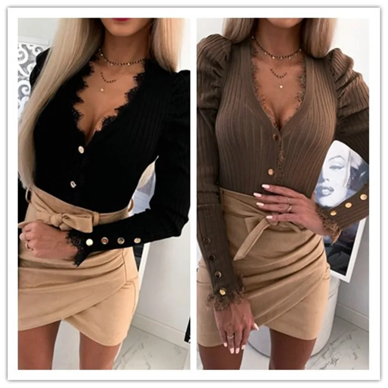 Sexy Deep V-neck Lace Patchwork Knitted T-shirt Elegant Slim Single Breasted Tops Fashion 2020 Spring Long Sleeve Black T-shirts | Женская