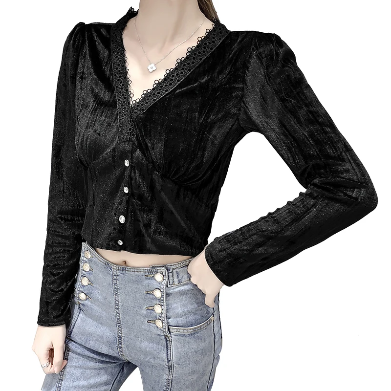 2021 new spring slim western design sense niche lace V-neck gold velvet cropped tops women's long-sleeved shirt trend
2021 new spring slim western design sense niche lace V-neck gold velvet cropped tops women's long-sleeved shirt trend