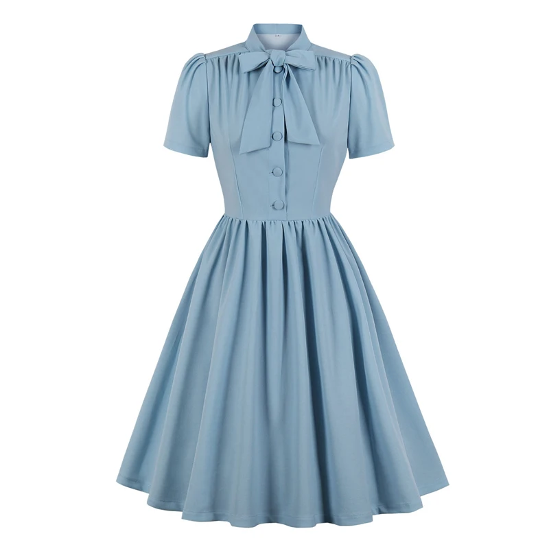 

Bow Tie Neck Button Up 50S Pinup Vintage Pleated Robes Women Swing Dress Summer Blue Elegant Retro Clothes Ladies Dresses