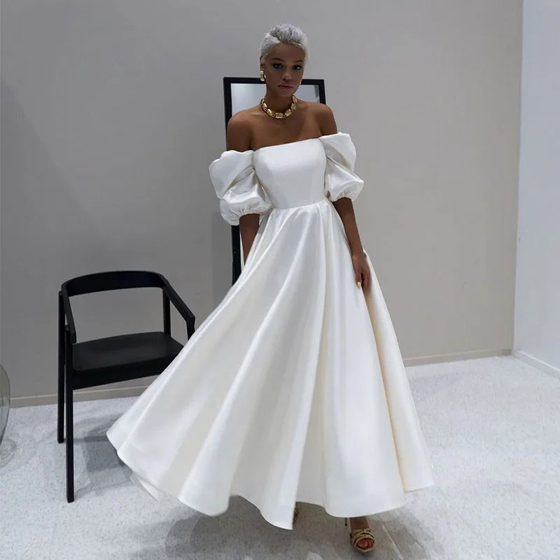 Vintage Satin Wedding Dress Ankle Length Off Shoulder Puffy Sleeves A-Line Simple Short Bridal Party Gowns Plus Size White Ivory
Vintage Satin Wedding Dress Ankle Length Off Shoulder Puffy Sleeves A-Line Simple Short Bridal Party Gowns Plus Size White Ivory