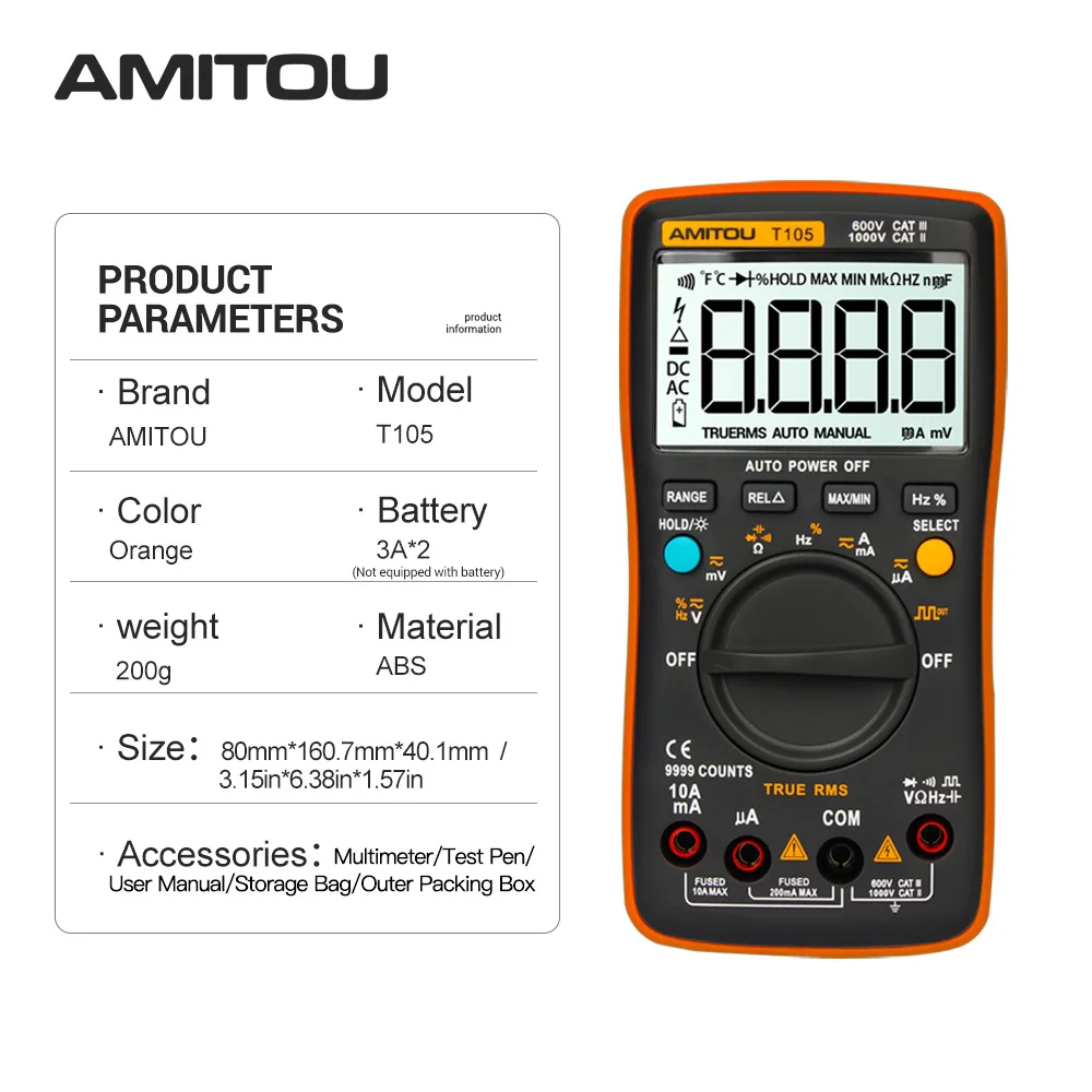 AMITOU T105 Digital True RMS Professional Multimeter 9999 Counts Electric Voltage Meter Current Detector Automatic Voltimetro
AMITOU T105 Digital True RMS Professional Multimeter 9999 Counts Electric Voltage Meter Current Detector Automatic Voltimetro