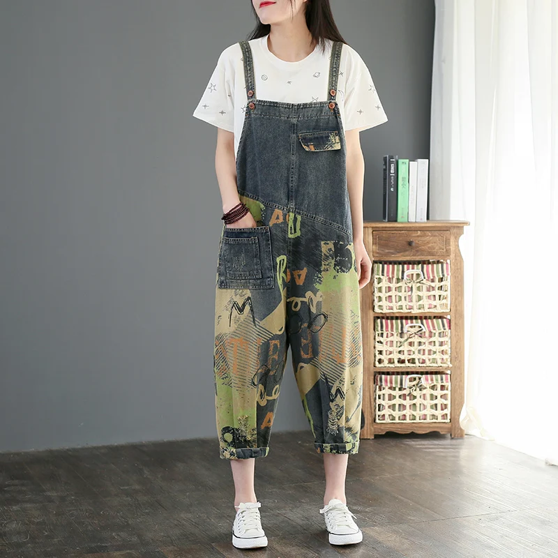 

Denim Printed Overalls Women 2021 New Summer Casual Suspenders Harem Pants Plus Size Cropped Pants Jumpsuits and Bodysuits