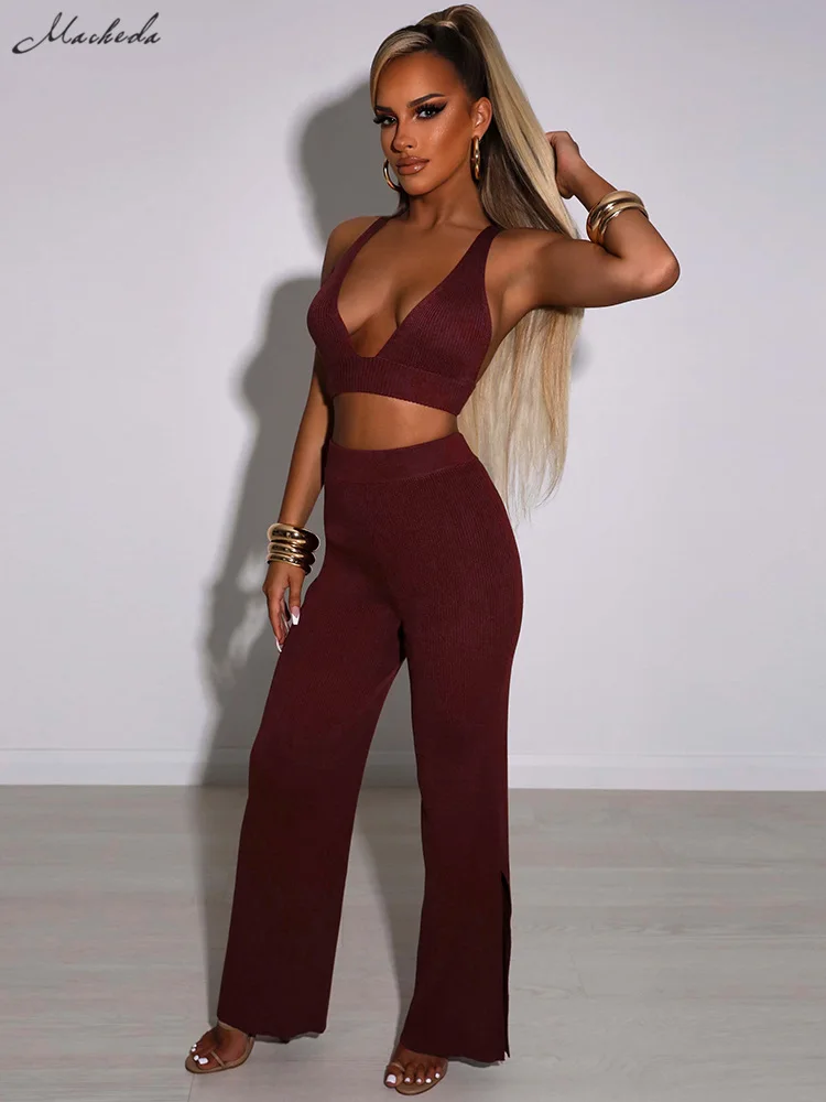 Macheda Deep V halter tank top crop fashion tops with high waist straight pants casual fashion knitted women's two piece set
Macheda Deep V halter tank top crop fashion tops with high waist straight pants casual fashion knitted women's two piece set
