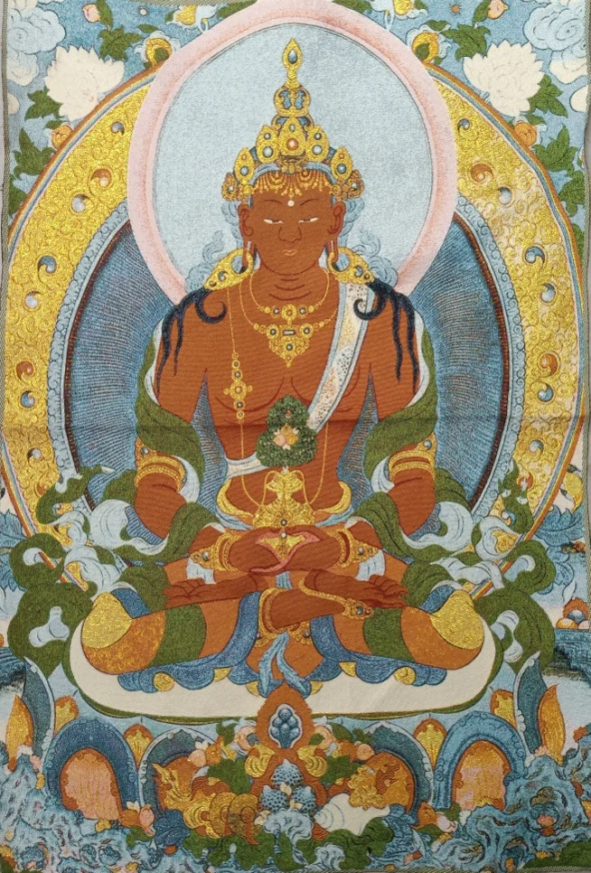 

36-дюймовая тибетская вышитая ткань, шелк, буддизм, amвинга, Амитаюс Будда Tangka, Фреска тханка, домашний декор
