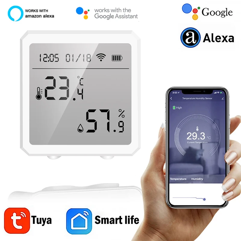 Датчик температуры и влажности Tuya Smart Life с Wi-Fi, комнатный гигрометр, термометр с ЖК-дисплеем, поддержка Alexa Google Home
Датчик температуры и влажности Tuya Smart Life с Wi-Fi, комнатный гигрометр, термометр с ЖК-дисплеем, поддержка Alexa Google Home