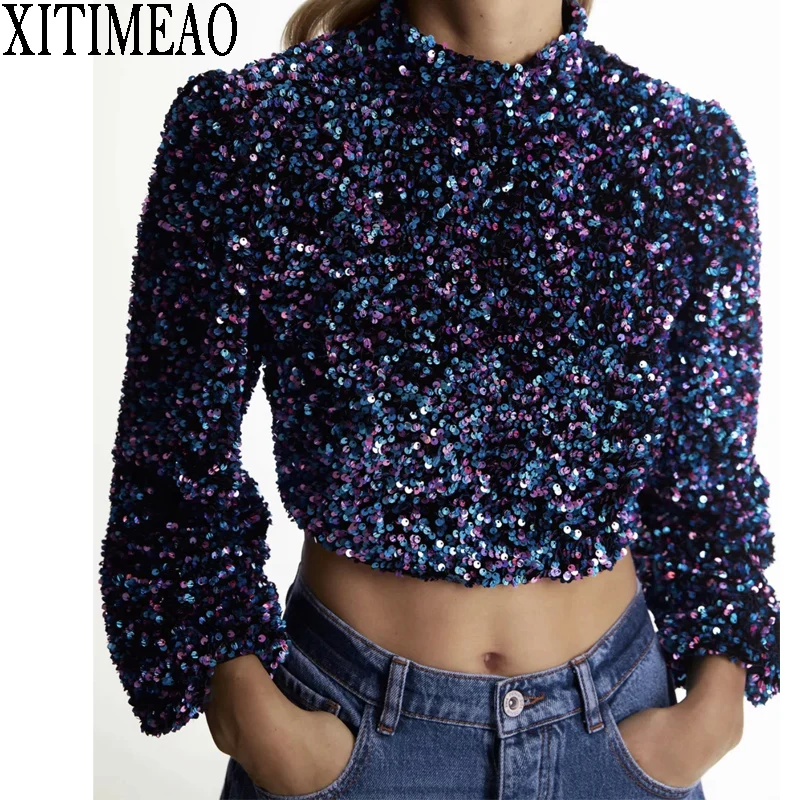 ZA New Spring Autumn Turtleneck Full Sleeves Sequins Fashion Women Shirt Sexy open back Sequined Short Top
ZA New Spring Autumn Turtleneck Full Sleeves Sequins Fashion Women Shirt Sexy open back Sequined Short Top