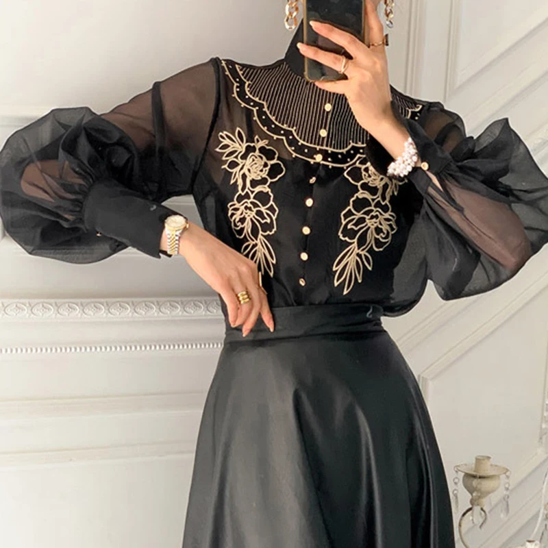 Korean Style Women Spring Summer Fashion Sexy Mesh Shirt Elegant Puff Sleeve Button Floral Embroidery Chiffon Blouse Shirt Top
Korean Style Women Spring Summer Fashion Sexy Mesh Shirt Elegant Puff Sleeve Button Floral Embroidery Chiffon Blouse Shirt Top