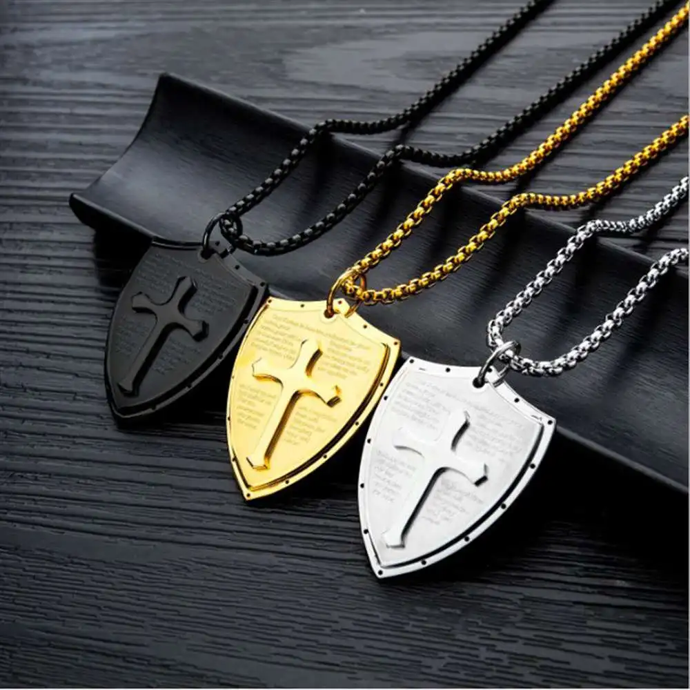 Men Titanium Steel Cross Shield Pendant Necklace so225 
Men Titanium Steel Cross Shield Pendant Necklace so225