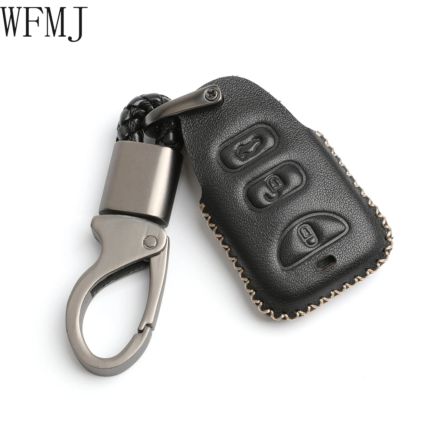 

WFMJ Black Leather for Hyundai Elantra Genesis Sonata Kia Sorento Forte Optima Rondo Spectra 4 Buttons Key Fob Case Cover Chain