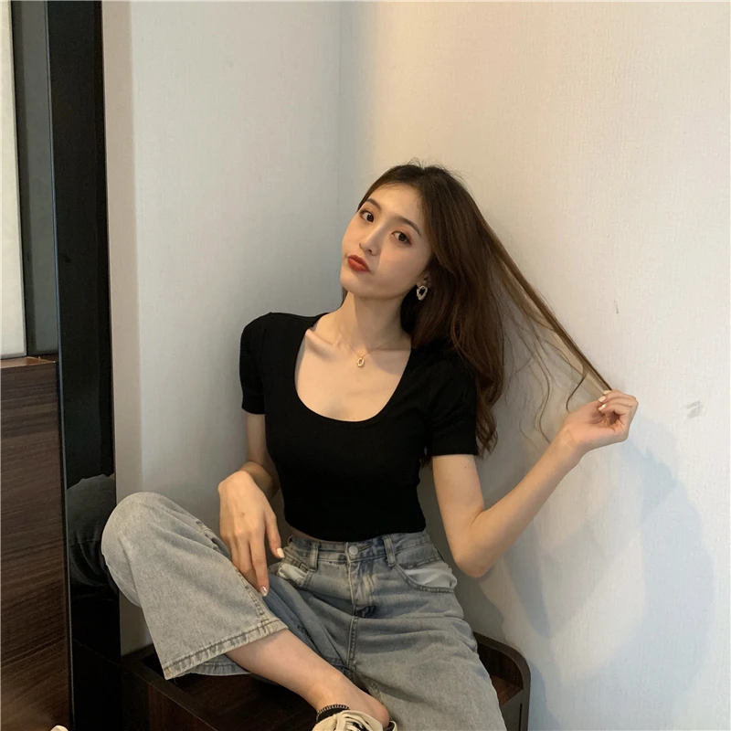 Lucyever Sexy Women Short T Shirt Fashion Square Collar Short Sleeve Elastic Female Tees Summer Korean Solid Black Ladies tops
Lucyever Sexy Women Short T Shirt Fashion Square Collar Short Sleeve Elastic Female Tees Summer Korean Solid Black Ladies tops