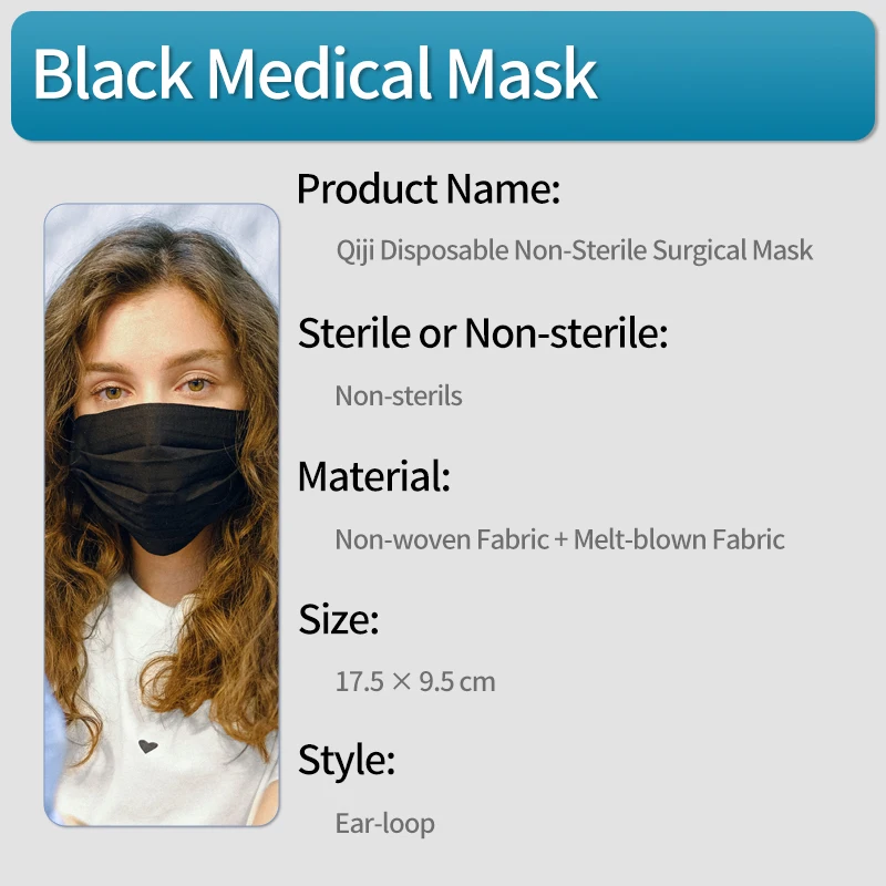 Qiji Disposable Medical Surgical Mask Black 20 Pieces CE Non-Sterile Face Mask 3 Layer Hygienic Breathable Mask
Qiji Disposable Medical Surgical Mask Black 20 Pieces CE Non-Sterile Face Mask 3 Layer Hygienic Breathable Mask