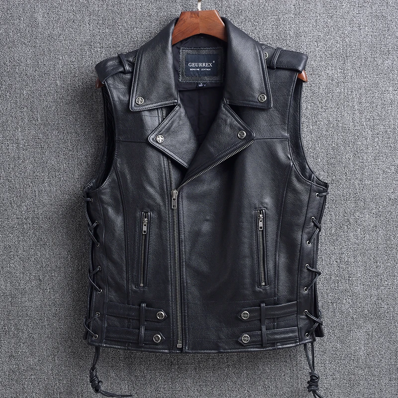 2021 Sping Autumn Men's Black Biker's Style Cowhide Leather Vest Asymmetrica Zipper Pockets Punk Sleeveless Jacket Slim Fit Coat 
2021 Sping Autumn Men's Black Biker's Style Cowhide Leather Vest Asymmetrica Zipper Pockets Punk Sleeveless Jacket Slim Fit Coat