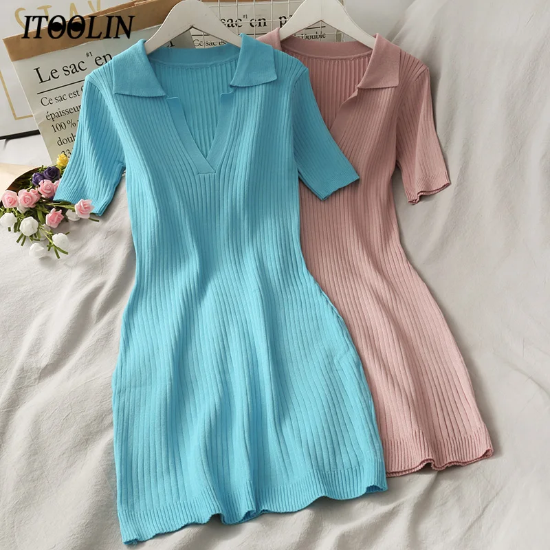 ITOOLIN Elegant Knitted Dress For Women 2021 Summer V Neck Ribbed Polo Shirt Mini Dress High Waist Slimming Robe Femme 
ITOOLIN Elegant Knitted Dress For Women 2021 Summer V Neck Ribbed Polo Shirt Mini Dress High Waist Slimming Robe Femme
