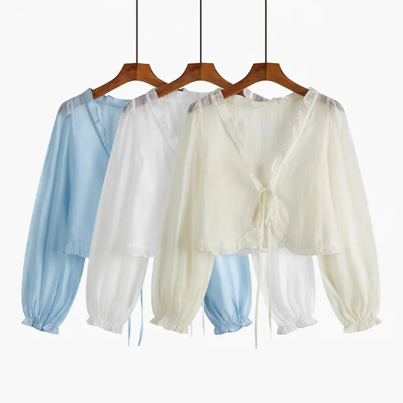 Женская шифоновая блузка с V-образным вырезом, Укороченная рубашка с рукавами-фонариками и оборками, топы на завязках, блузки с открытой стр... 
Женская шифоновая блузка с V-образным вырезом, Укороченная рубашка с рукавами-фонариками и оборками, топы на завязках, блузки с открытой стр...