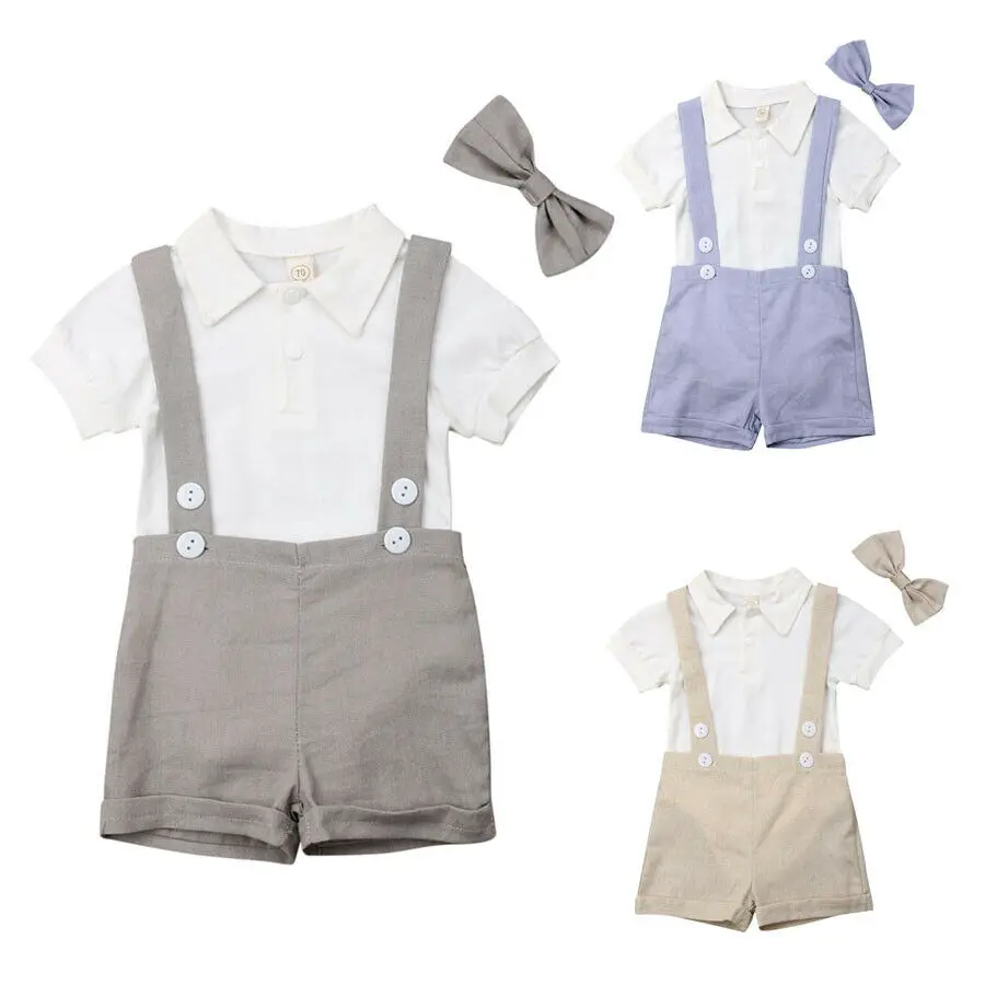 

Infant Baby Boy Party Gentleman Clothes Set 3PCS Bow Solid Romper Bib Short Formal Outfits 0-24M 3 Colors