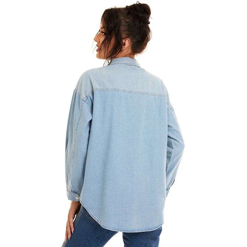Striped Spliced Blue Denim vintage Cotton Shirt Blouse Women Tops 2020Autumn Long Sleeve Polo Collar Loose Office Lady Plus Size
Striped Spliced Blue Denim vintage Cotton Shirt Blouse Women Tops 2020Autumn Long Sleeve Polo Collar Loose Office Lady Plus Size