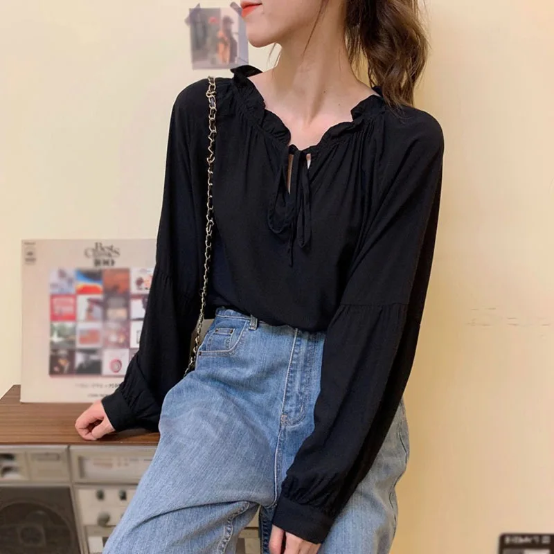 French Style Black Lace-up Shirt Female Design Autumn Fall Clothing Solid Color Black Shirt 1
French Style Black Lace-up Shirt Female Design Autumn Fall Clothing Solid Color Black Shirt 1