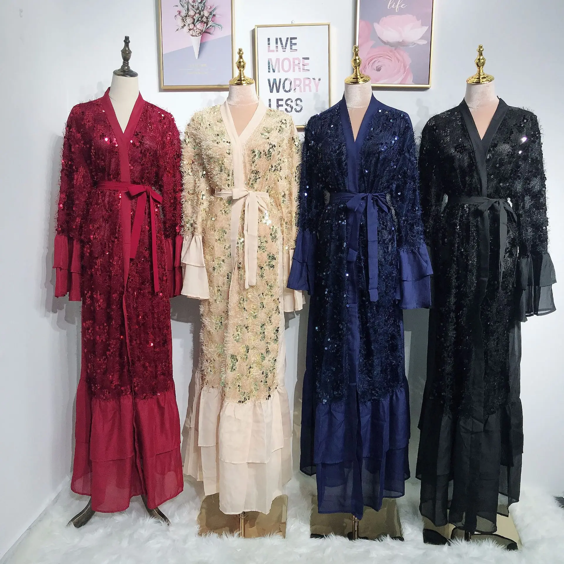 Muslim Abaya Dress Women Flare Sleeve Ruffle Jibab Kimono Caftan Long Robe Islamic Clothing Elbise Sequin Dress Lace-up Jubah
Muslim Abaya Dress Women Flare Sleeve Ruffle Jibab Kimono Caftan Long Robe Islamic Clothing Elbise Sequin Dress Lace-up Jubah