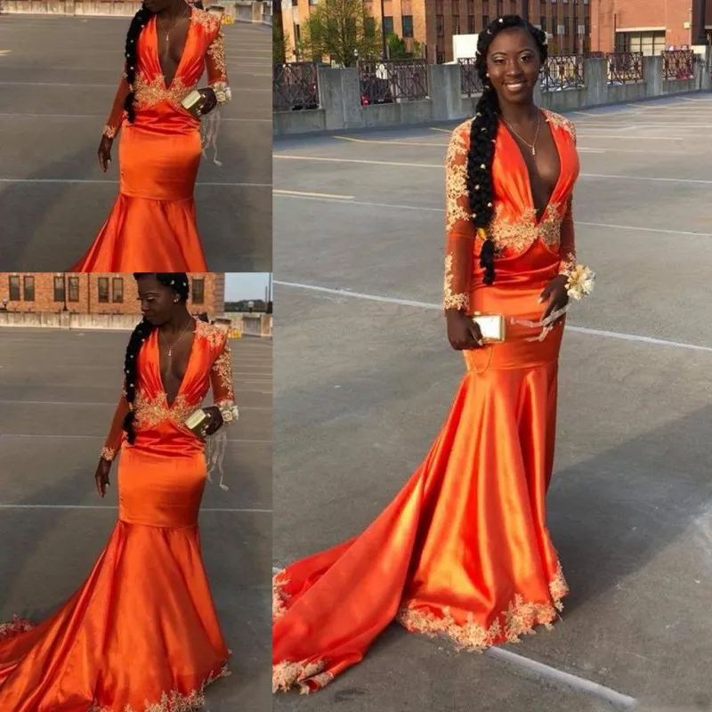 Orange Deep V Neck Prom Dresses Lace Appliques Long Sleeves Mermaid Evening Gowns Sweep Train South African Formal Party Dress
Orange Deep V Neck Prom Dresses Lace Appliques Long Sleeves Mermaid Evening Gowns Sweep Train South African Formal Party Dress