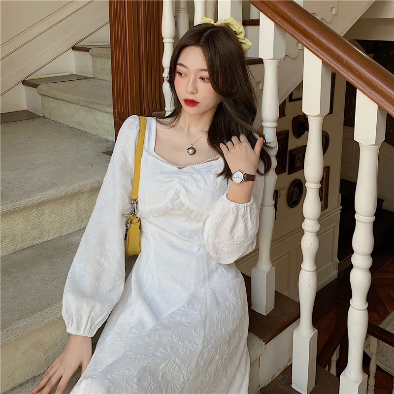Women Elegant Dress 2021 New Spring Autumn Korean French Beaded Square Collar White Dresses Ladies Ruffles Long Robe Vestidos
Women Elegant Dress 2021 New Spring Autumn Korean French Beaded Square Collar White Dresses Ladies Ruffles Long Robe Vestidos
