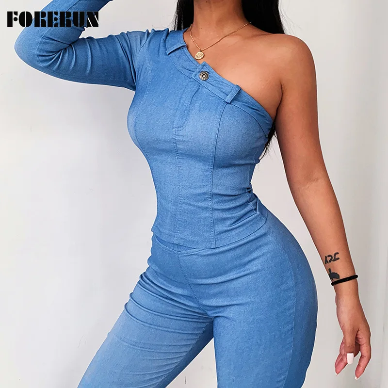 FORERUN Two Piece Set Women Sexy One Shoulder Long Sleeve Top Spring Autumn High Waist Jeans Fashion Matching Sets 
FORERUN Two Piece Set Women Sexy One Shoulder Long Sleeve Top Spring Autumn High Waist Jeans Fashion Matching Sets