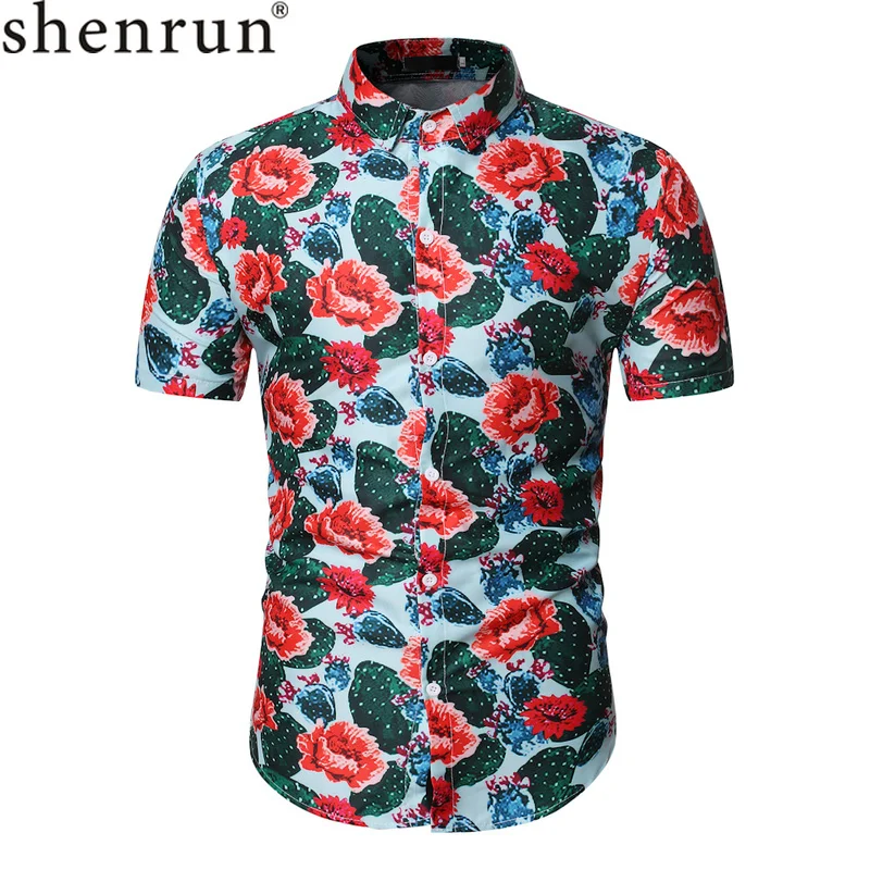 Рубашка Shenrun мужская с коротким рукавом модная сорочка Slim Fit цветочным принтом
