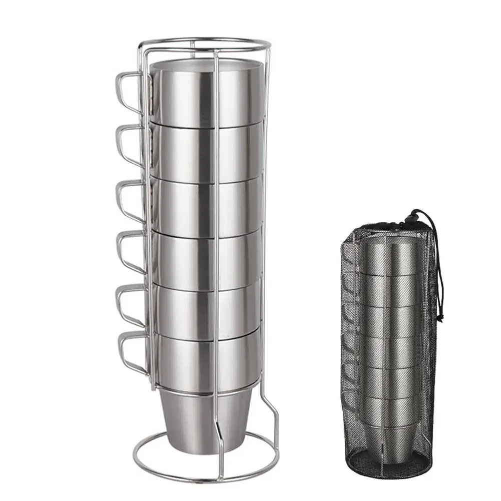 6Pcs Camping Cup Portable Stackable 304 Stainless Steel Double Insulation Mugs 300ml With Stand And Multifunctional Mesh Storage
6Pcs Camping Cup Portable Stackable 304 Stainless Steel Double Insulation Mugs 300ml With Stand And Multifunctional Mesh Storage