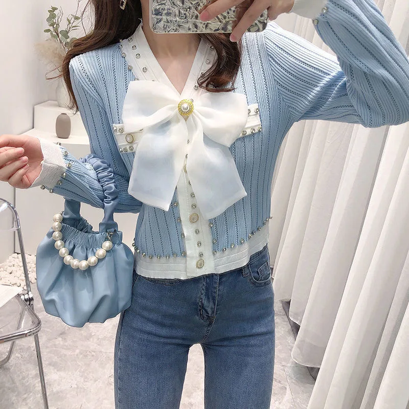 

Women Elegant V-Neck Bowknot Diamond Sweaters Girly Kawaii Fairy Tops Spring Autumn Sweet Lolita Style Knitted Pullover French