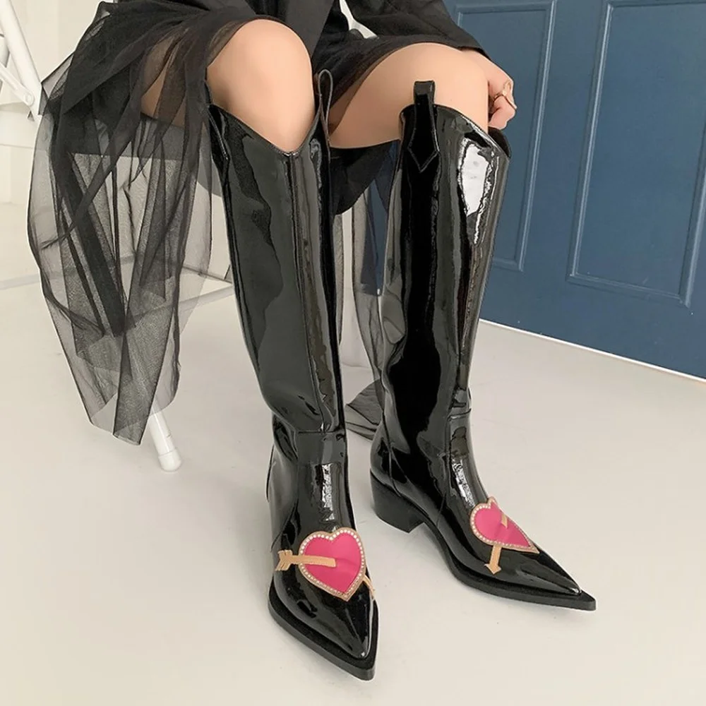 Womens Pointed Toe Knee Thigh Boots Patent Leather Heart Decor Shoes Pull On Chunky Heel Chelsea Long Cowboy New
Womens Pointed Toe Knee Thigh Boots Patent Leather Heart Decor Shoes Pull On Chunky Heel Chelsea Long Cowboy New