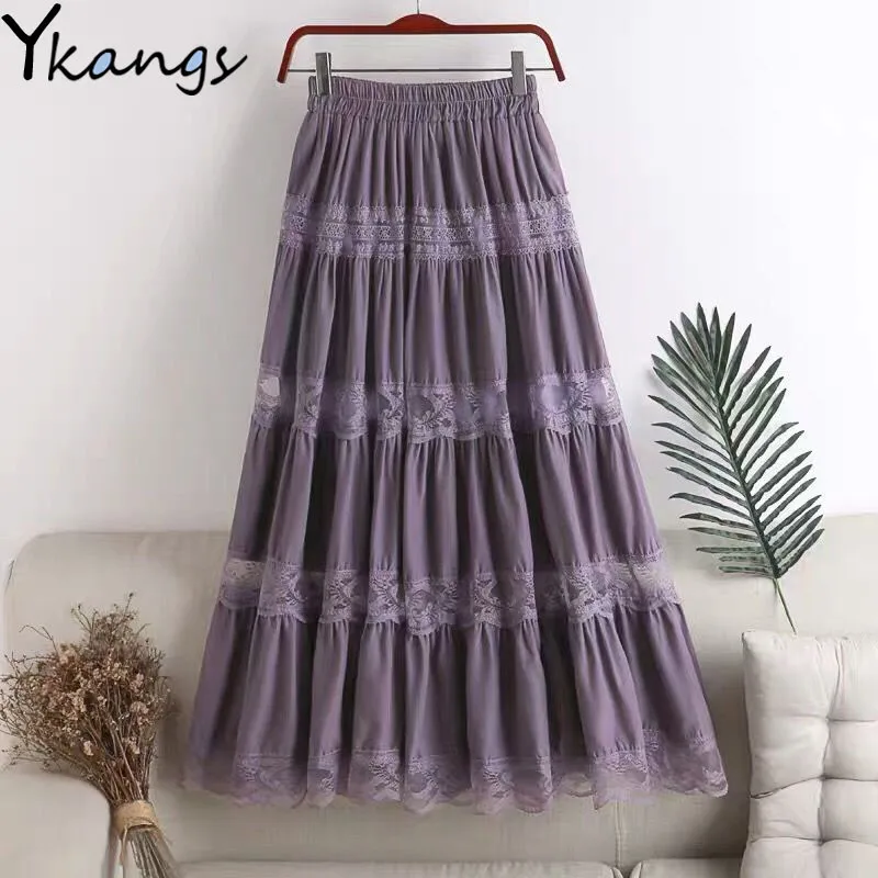 Sweet kawaii Chiffon Lace Stitching A-line pleated skirt Women's High Waist Midi Skirts Black Purple Elegant Party Long Skirt
Sweet kawaii Chiffon Lace Stitching A-line pleated skirt Women's High Waist Midi Skirts Black Purple Elegant Party Long Skirt