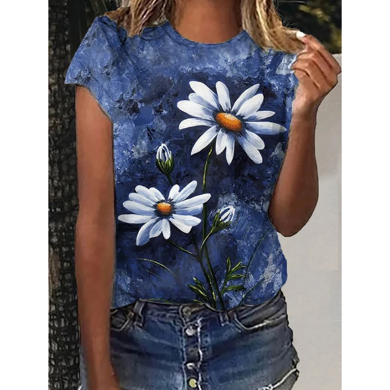 

New Flower Pattern T-Shirt Plus Size Polyester Women Short Sleeve Blue Color Print With Round Neck