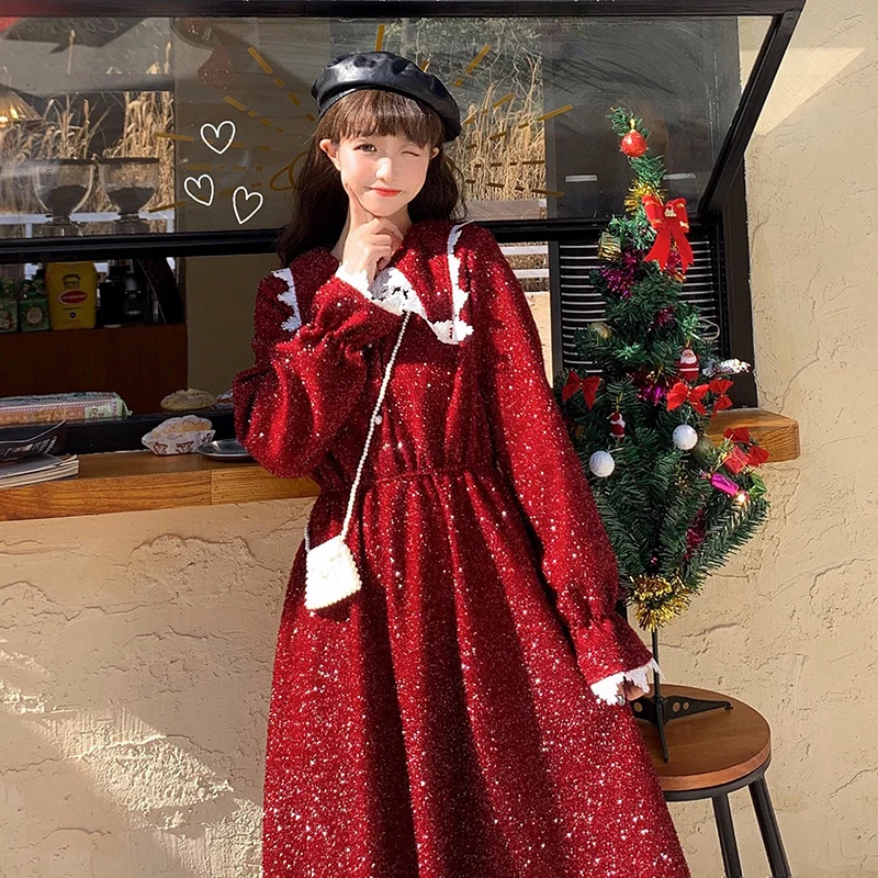 Japanese-Style Retro Sweet Doll Collar Red Christmas Long Sleeve Dress Women Mid-Length Autumn and Winter sweet lolita dress 
Japanese-Style Retro Sweet Doll Collar Red Christmas Long Sleeve Dress Women Mid-Length Autumn and Winter sweet lolita dress