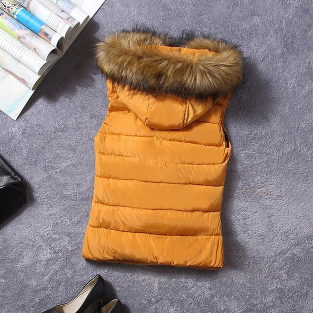 Vogue Women Winter Vest Plus Size Cotton Jacket Outerwear Sleeveless Hooded Jacket Vest Fur Collar Solid Warm Coat For Woman