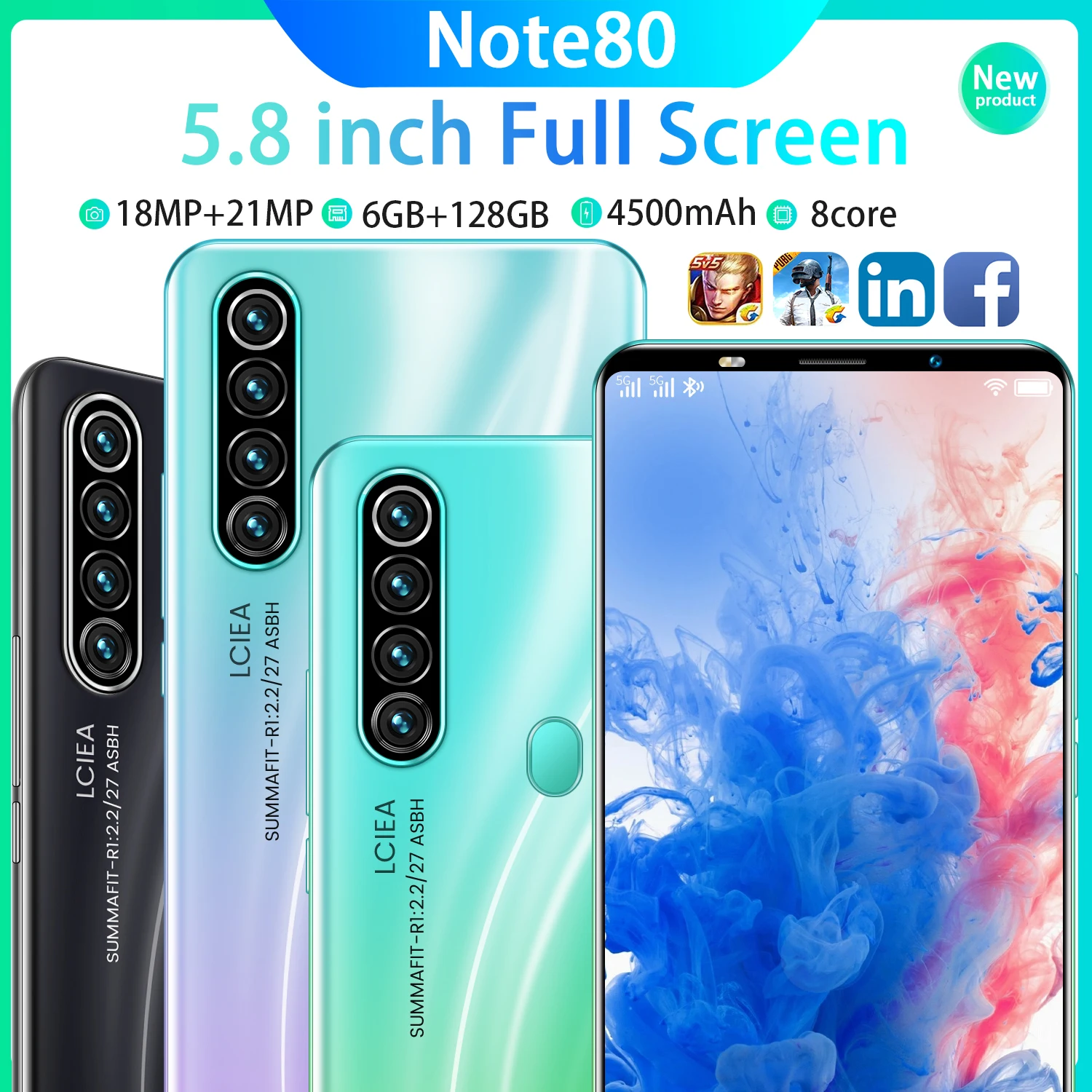 Note80 5.8 inch MTK6898 8-core 5G Dual SIM Smartphone Android 10.0 4500mAh 6GB+128GB Full Screen Mobile Phone 2021 New Original
Note80 5.8 inch MTK6898 8-core 5G Dual SIM Smartphone Android 10.0 4500mAh 6GB+128GB Full Screen Mobile Phone 2021 New Original