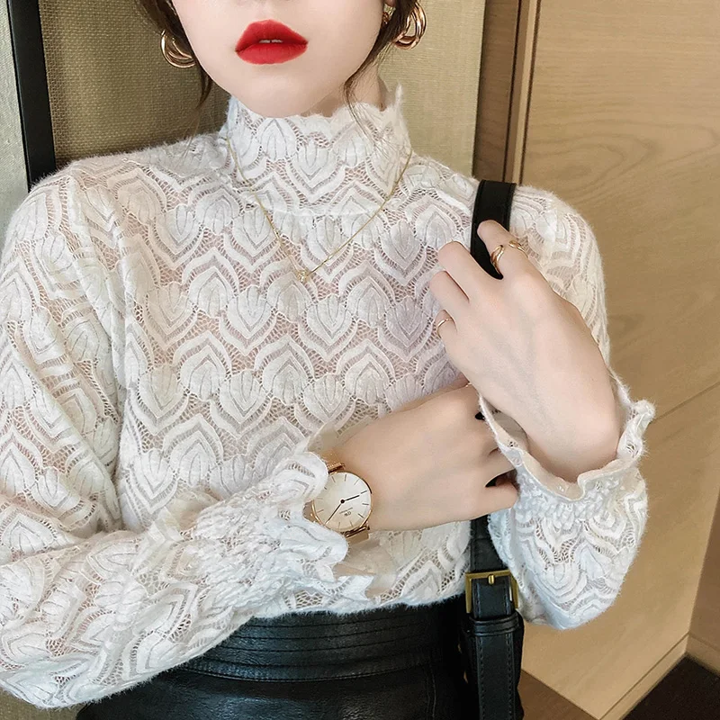 Girls Lace Blouses Shirts Tees Female Turtleneck Fashion Hollow Out Full Flare Sleeve Soft Mesh Elastic Blouses Tops For Women
Girls Lace Blouses Shirts Tees Female Turtleneck Fashion Hollow Out Full Flare Sleeve Soft Mesh Elastic Blouses Tops For Women