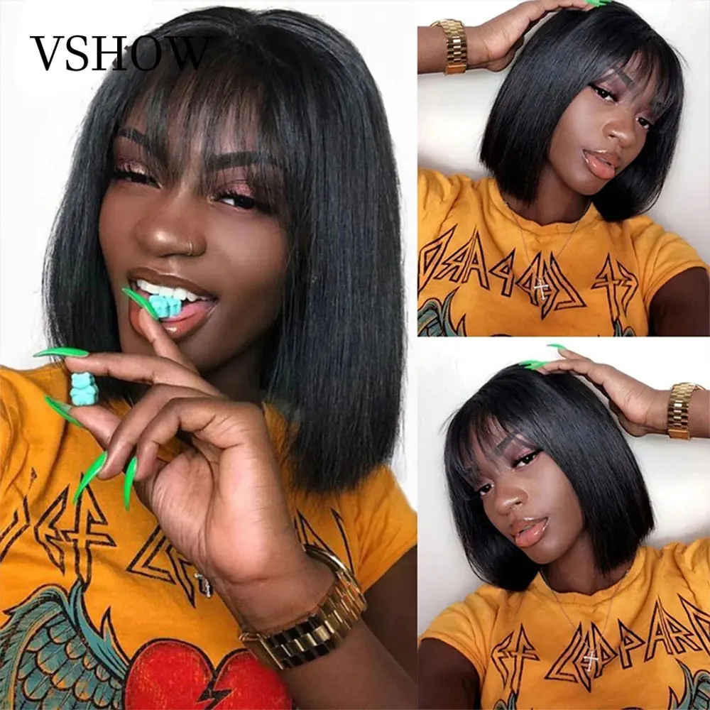 

VSHOW Straight Short Bob No Lace Wig Bob With Bangs For Women Glueless Wigs Brazilian Remy Full Machine Made 100% Human Hair