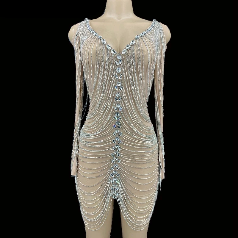 New Sparkly Long Sleeve Silver Rhinestone Chain Short Dress Evening Birthday Dress Transparent Outfit Singer Sexy Stage Wear
New Sparkly Long Sleeve Silver Rhinestone Chain Short Dress Evening Birthday Dress Transparent Outfit Singer Sexy Stage Wear