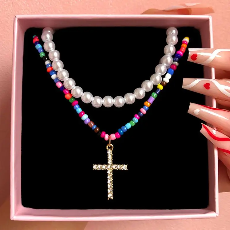 

Bohemia Handmade Rainbow Beaded Necklaces for Women Multilayer Imitation Pearls Cross Pendent Necklace Goth Aesthetic Jewelry