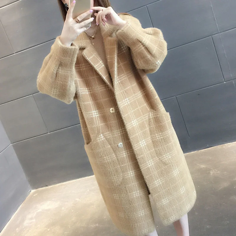 

Women's Wear Manteau Femme Hiver Cardigan Imitation Mink Long Plaid Coat Korean Loose Knitted Suit Collar Autumn And Winter New